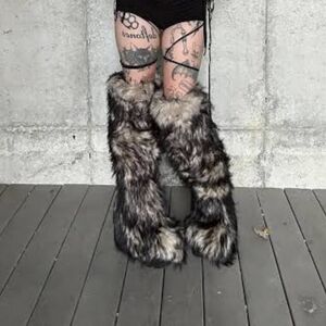 Dolls Kill Club Exx Wild Instincts Thigh High Platform Tan And Black Fur Boots